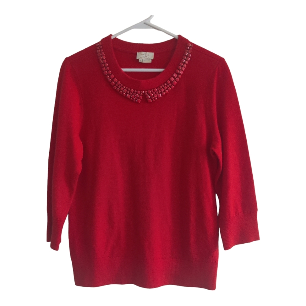 Kate Spade Coral Wool Cashmere Avaline Embellished  Collar Sweater, Size L.